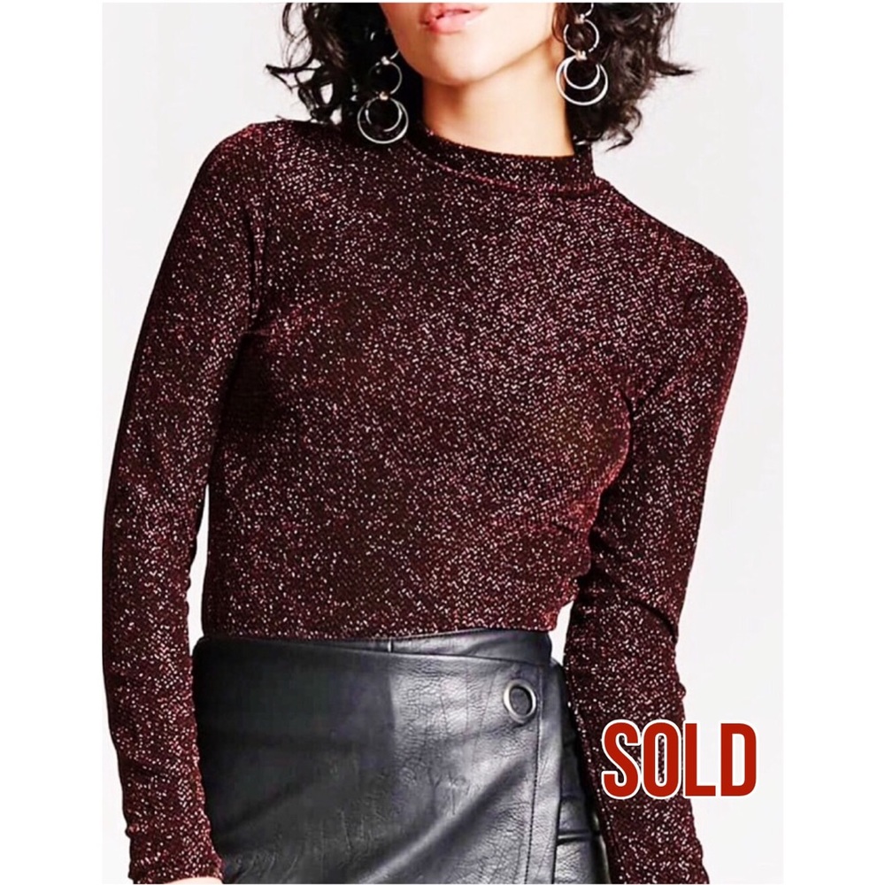 Long Sleeve Metallic Lurex Mock-Neck Top